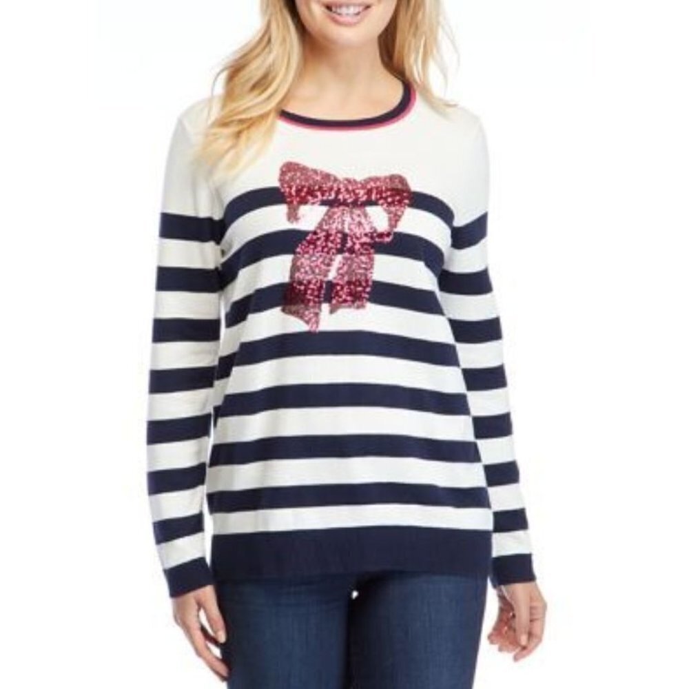 Kim Rogers Intarsia Black White Striped Pink Sequin Bow Crew‎ Neck Sweater PL